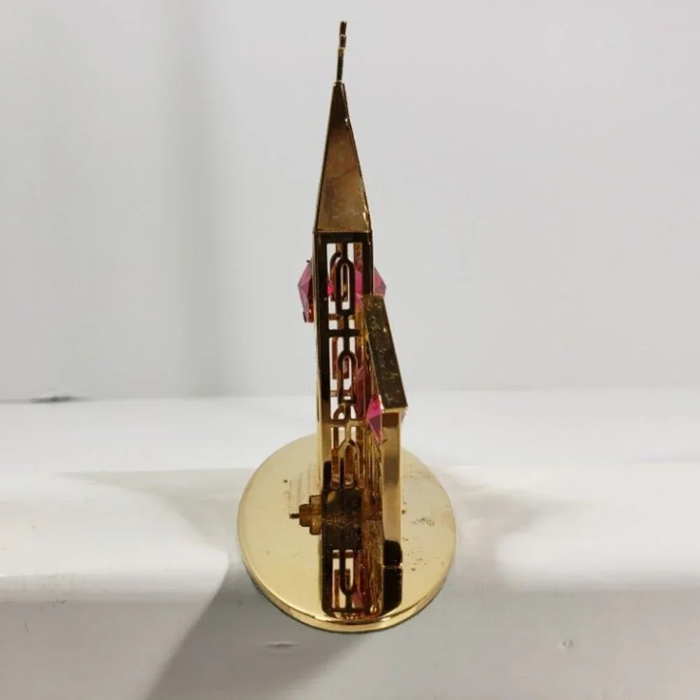 Vintage Crystal Delight 24K Gold Plated Church Figurine Pink Crystal Windows